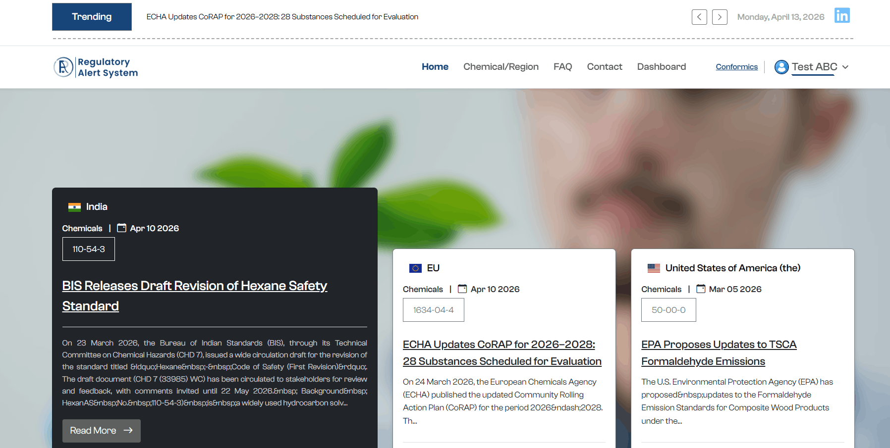 Post-login home screen showing news from India, EU, and United States