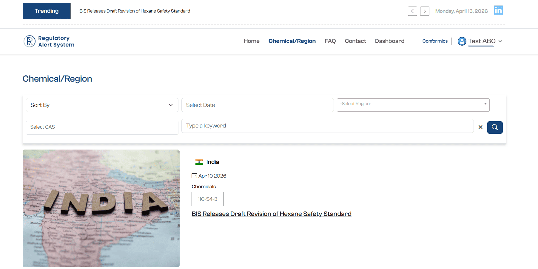 Post-login: Chemical/Region, India news: BIS Hexane safety standered draft revision